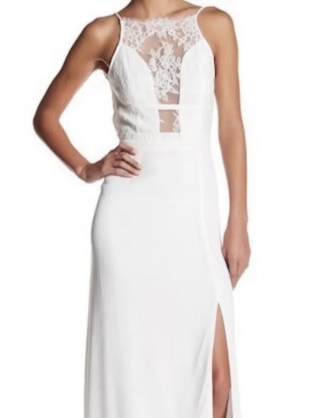 NBD White Maxi Dress Illusion Lace Inset Plunge Open Back XS NWT